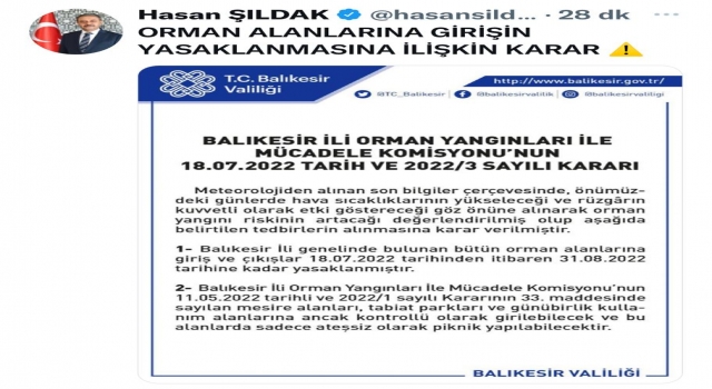 Balıkesir’de ormanlık alanlara giriş ve çıkışlar yasaklandı